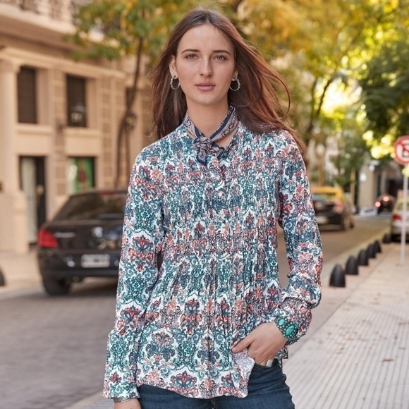 Sundance Paisley Grace Delight Pleated Long Sleeve Button Down Blouse M - Picture 1 of 10